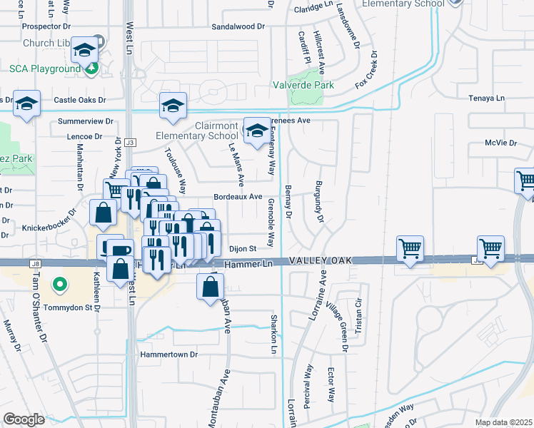 map of restaurants, bars, coffee shops, grocery stores, and more near 8107 Grenoble Way in Stockton