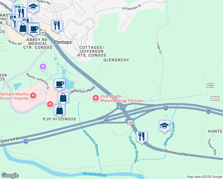map of restaurants, bars, coffee shops, grocery stores, and more near 106 County Road 1111 in Charlottesville