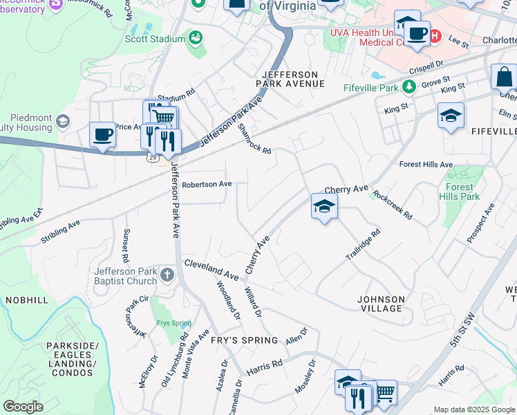 map of restaurants, bars, coffee shops, grocery stores, and more near 1638 Center Avenue in Charlottesville