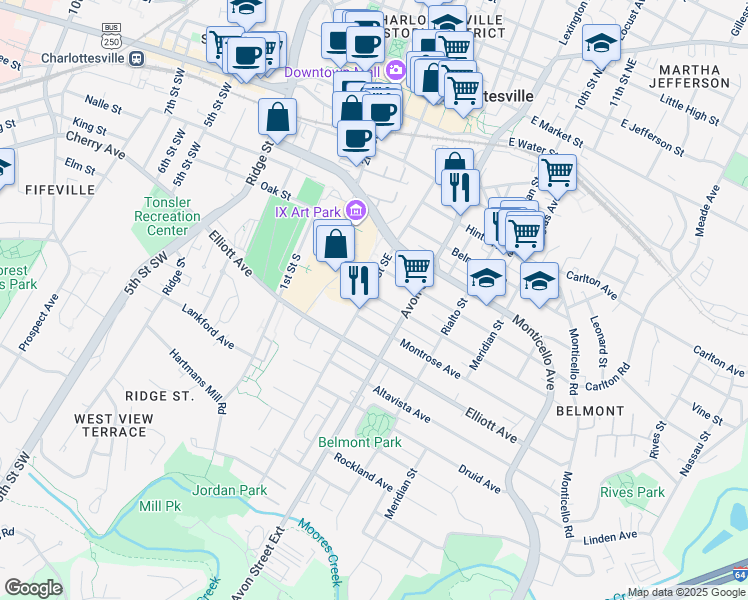 map of restaurants, bars, coffee shops, grocery stores, and more near 602 Blenheim Avenue in Charlottesville