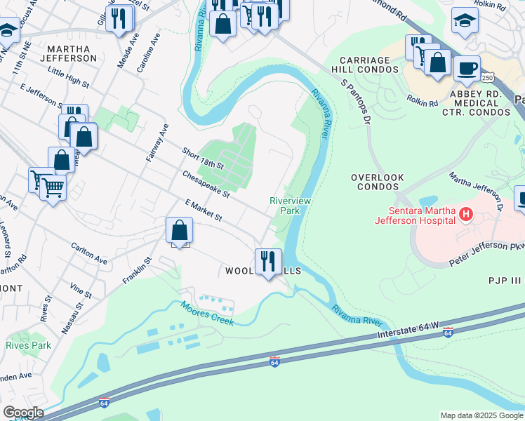 map of restaurants, bars, coffee shops, grocery stores, and more near 303A Riverside Avenue in Charlottesville