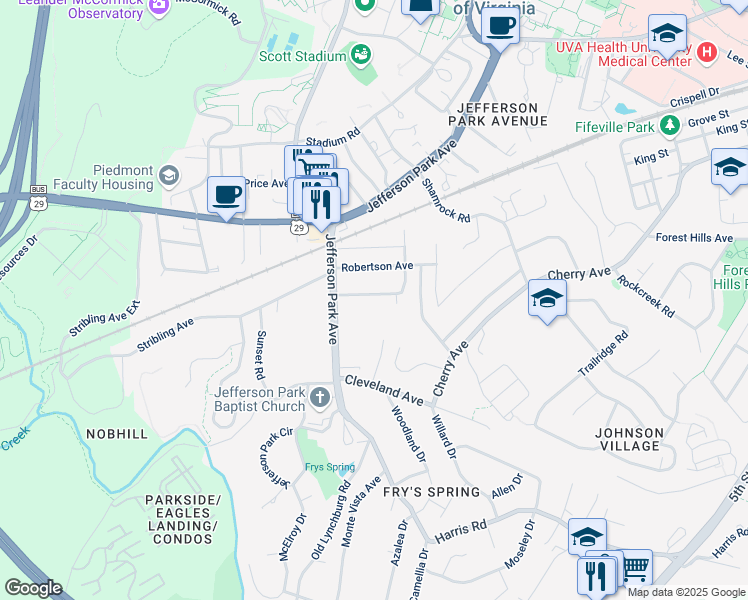 map of restaurants, bars, coffee shops, grocery stores, and more near 116 Raymond Avenue in Charlottesville