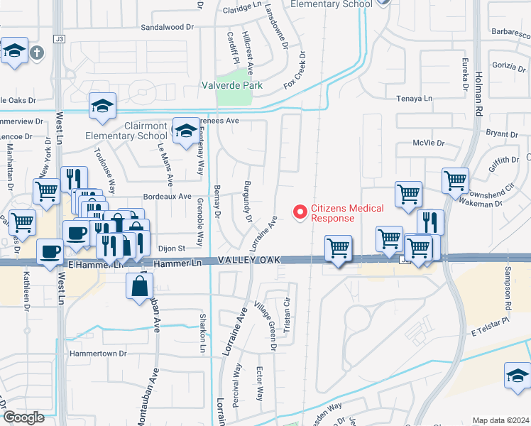 map of restaurants, bars, coffee shops, grocery stores, and more near 2625 Fleury Way in Stockton