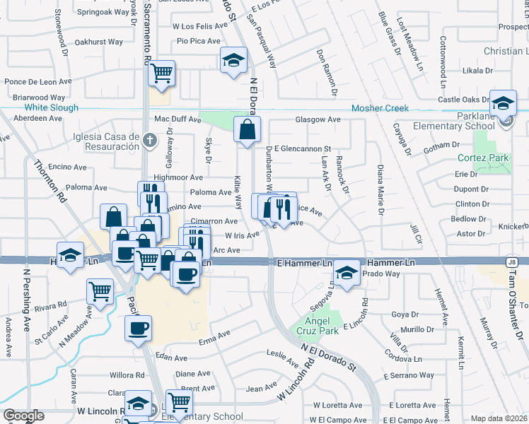 map of restaurants, bars, coffee shops, grocery stores, and more near 8101 Dunbarton Way in Stockton