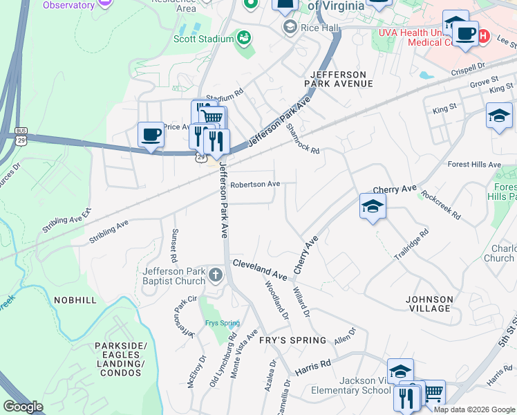 map of restaurants, bars, coffee shops, grocery stores, and more near 120 Raymond Avenue in Charlottesville