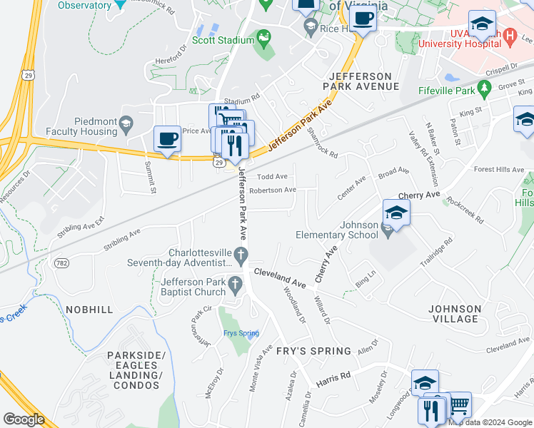 map of restaurants, bars, coffee shops, grocery stores, and more near 112 Raymond Avenue in Charlottesville