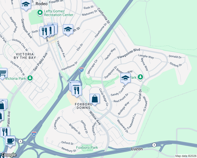 map of restaurants, bars, coffee shops, grocery stores, and more near 905 Seascape Circle in Rodeo