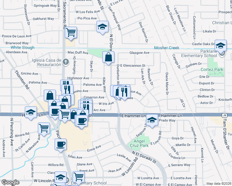 map of restaurants, bars, coffee shops, grocery stores, and more near 8101 Dunbarton Way in Stockton