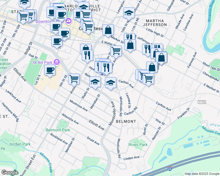 map of restaurants, bars, coffee shops, grocery stores, and more near 924 Monticello Road in Charlottesville