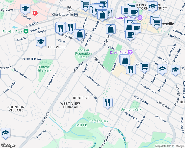 map of restaurants, bars, coffee shops, grocery stores, and more near 101 Roades Court in Charlottesville