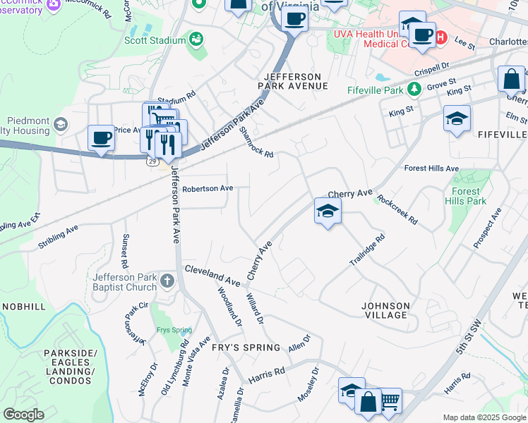 map of restaurants, bars, coffee shops, grocery stores, and more near 1638 Center Avenue in Charlottesville