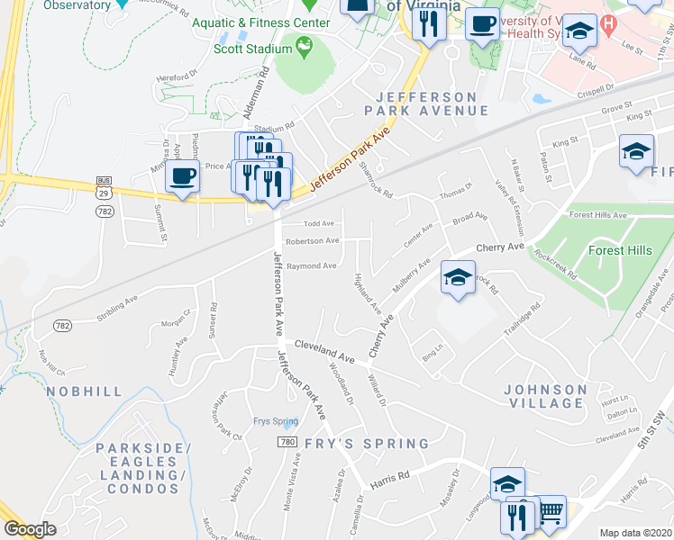 map of restaurants, bars, coffee shops, grocery stores, and more near 2311 Highland Avenue in Charlottesville