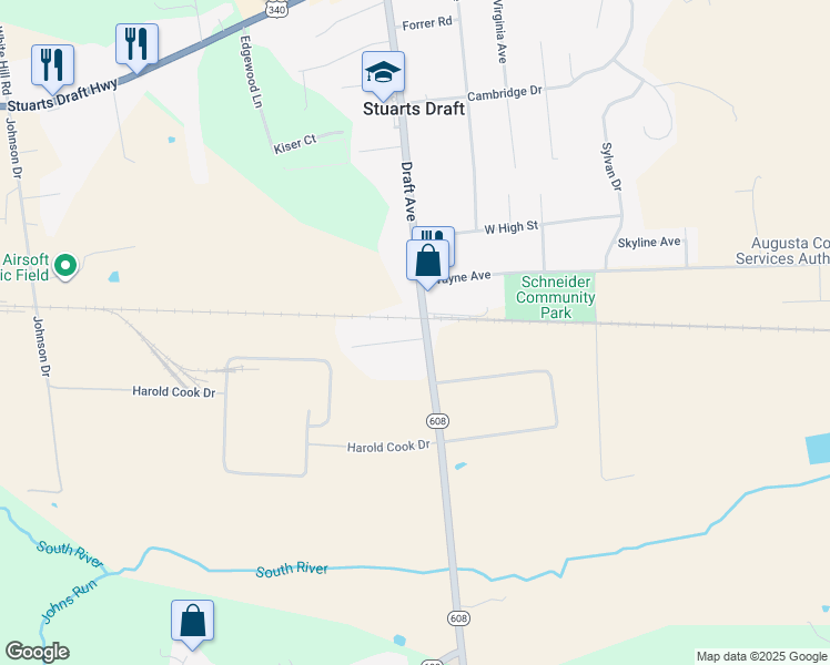 map of restaurants, bars, coffee shops, grocery stores, and more near 305 Draft Avenue in Stuarts Draft