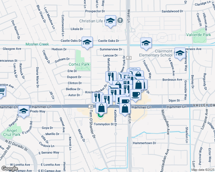 map of restaurants, bars, coffee shops, grocery stores, and more near 118 Knickerbocker Drive in Stockton