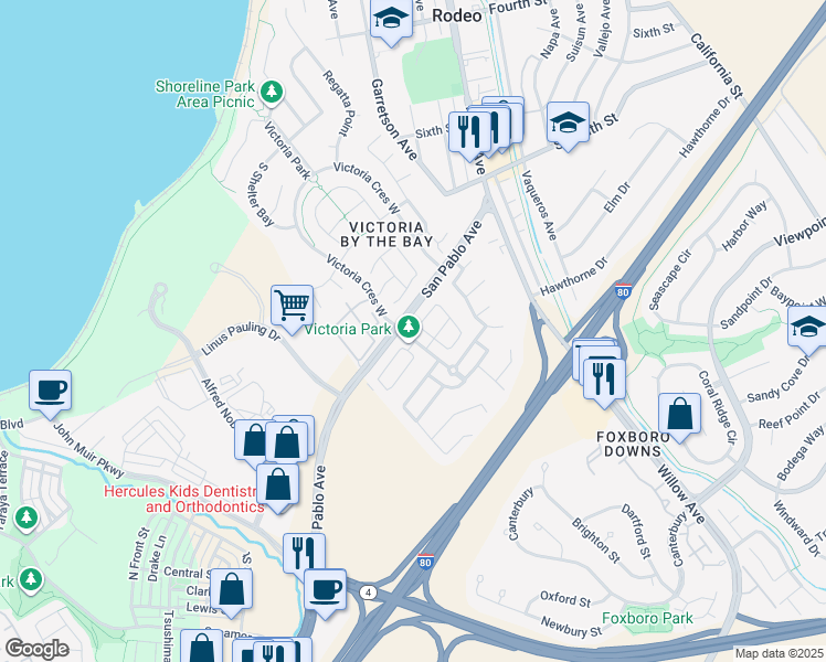 map of restaurants, bars, coffee shops, grocery stores, and more near 1186 Waverly Circle in Hercules