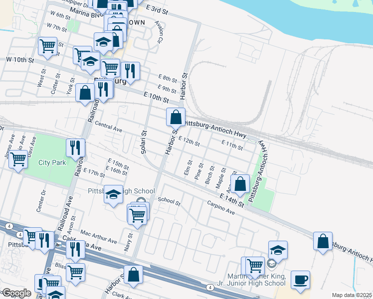 map of restaurants, bars, coffee shops, grocery stores, and more near 615 Central Avenue in Pittsburg