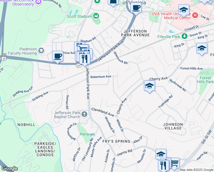 map of restaurants, bars, coffee shops, grocery stores, and more near 210 Raymond Avenue in Charlottesville