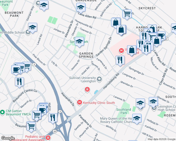 map of restaurants, bars, coffee shops, grocery stores, and more near 2129 Violet Road in Lexington