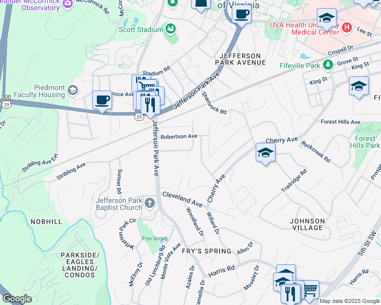 map of restaurants, bars, coffee shops, grocery stores, and more near 2311 Highland Avenue in Charlottesville