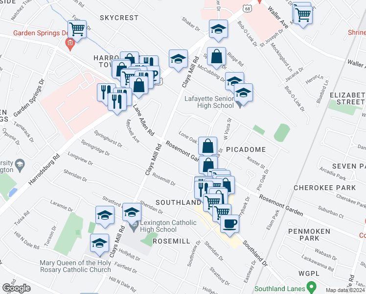 map of restaurants, bars, coffee shops, grocery stores, and more near 531 Rosemont Garden in Lexington