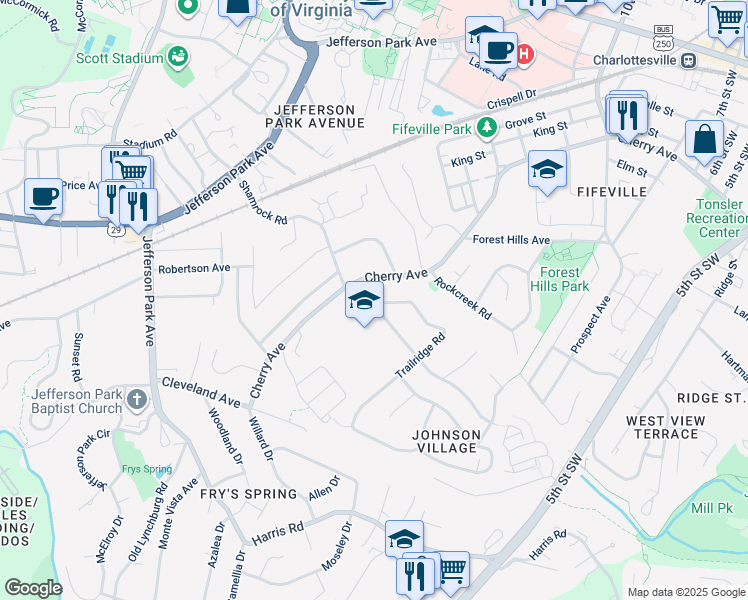 map of restaurants, bars, coffee shops, grocery stores, and more near 509 Shamrock Road in Charlottesville