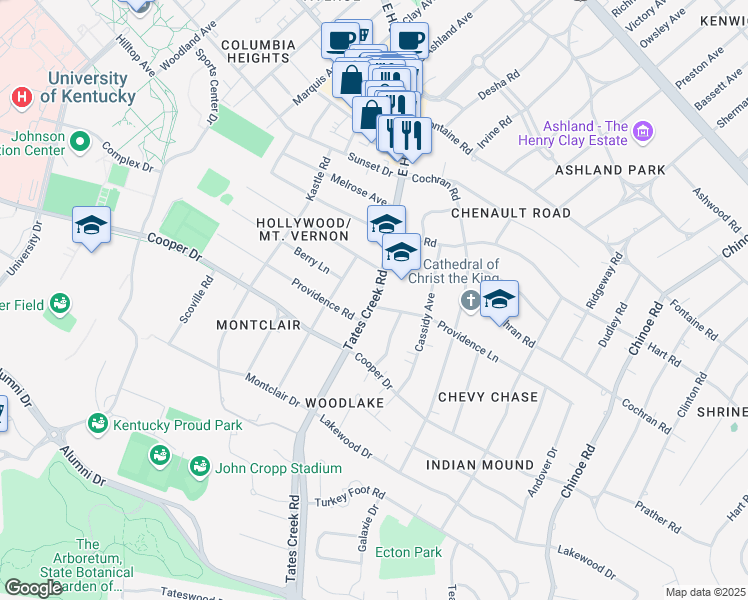 map of restaurants, bars, coffee shops, grocery stores, and more near 1225 Tates Creek Road in Lexington