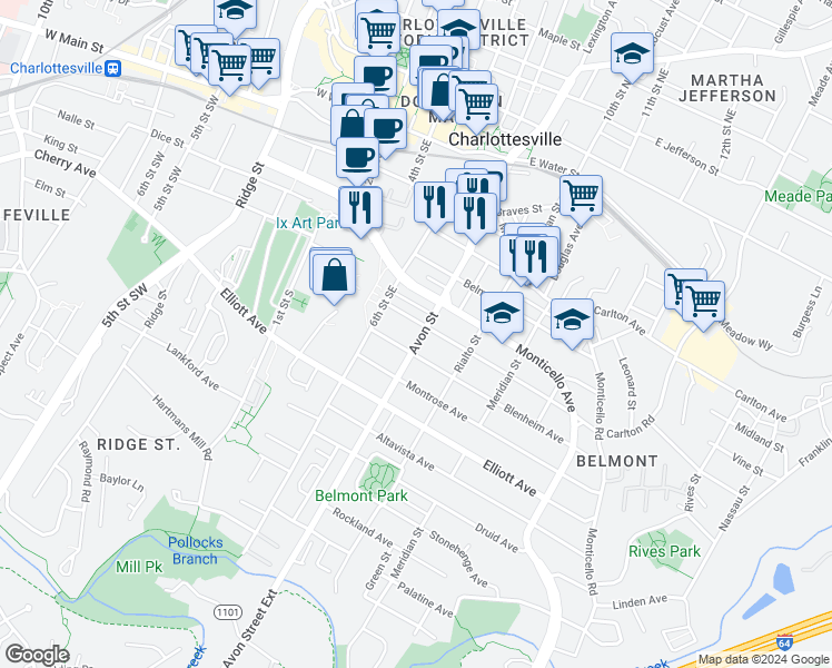 map of restaurants, bars, coffee shops, grocery stores, and more near 805 Avon Street in Charlottesville