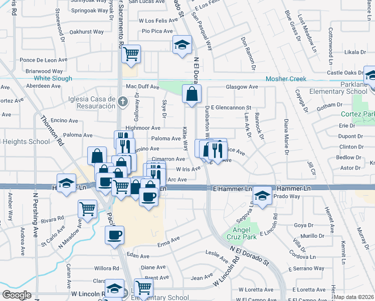 map of restaurants, bars, coffee shops, grocery stores, and more near 8118 Kiltie Way in Stockton