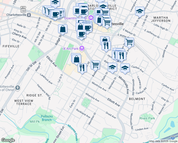 map of restaurants, bars, coffee shops, grocery stores, and more near 615 Blenheim Avenue in Charlottesville