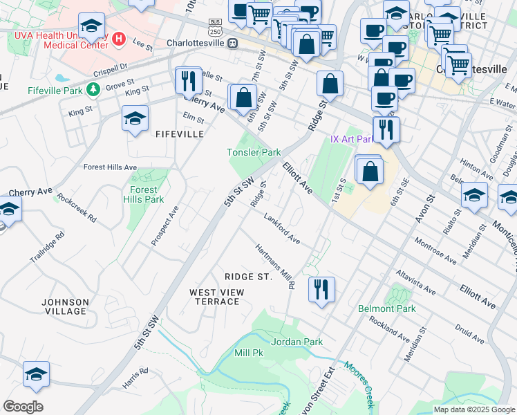 map of restaurants, bars, coffee shops, grocery stores, and more near 721 Ridge Street in Charlottesville