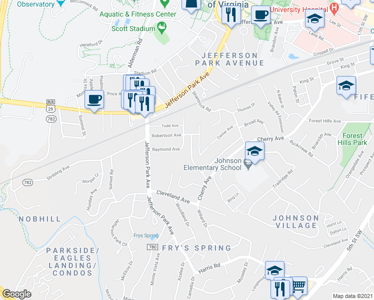 map of restaurants, bars, coffee shops, grocery stores, and more near 2311 Highland Avenue in Charlottesville