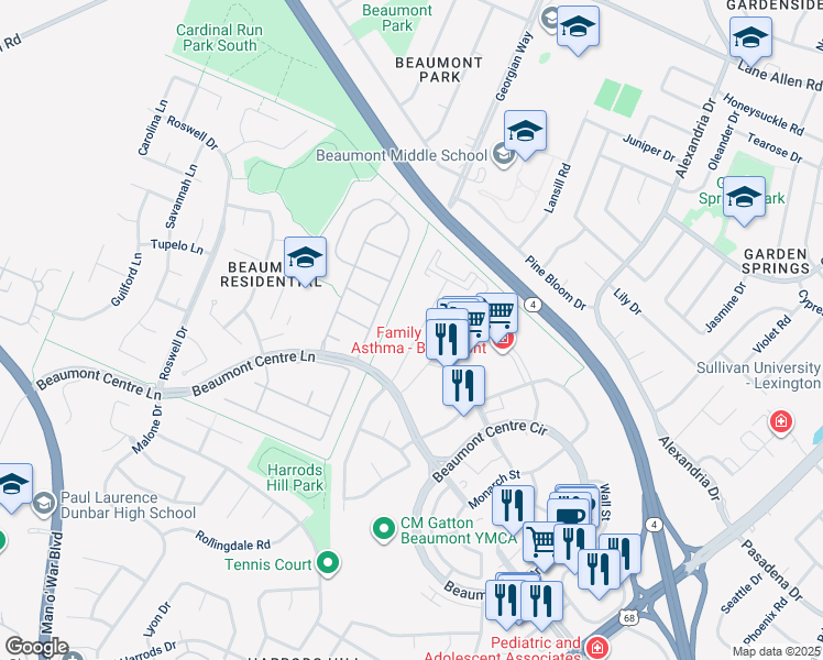 map of restaurants, bars, coffee shops, grocery stores, and more near 1101 Beaumont Centre Lane in Lexington