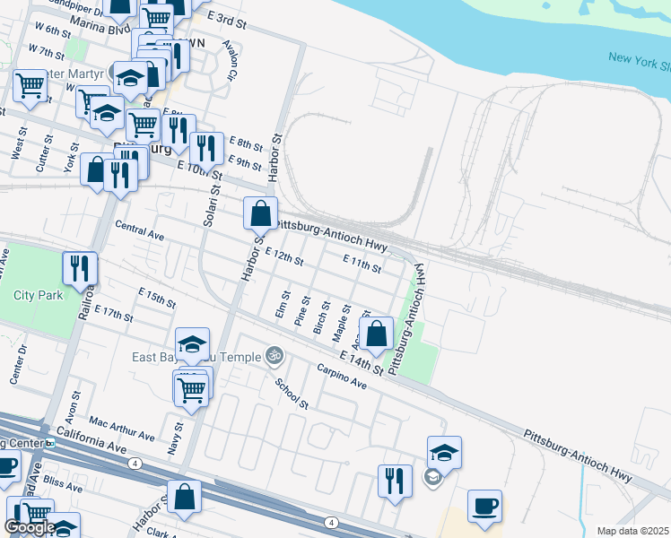 map of restaurants, bars, coffee shops, grocery stores, and more near 725 East 12th Street in Pittsburg