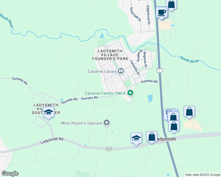 map of restaurants, bars, coffee shops, grocery stores, and more near 17285 Perinchief Street in Ruther Glen