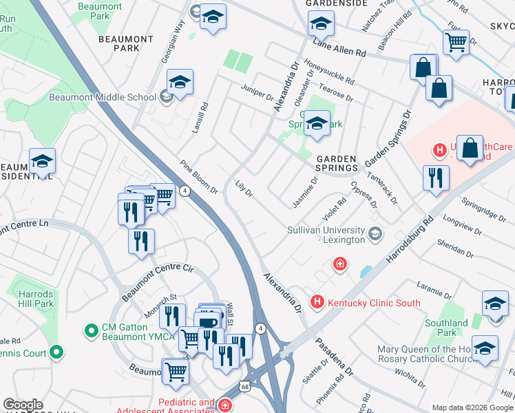 map of restaurants, bars, coffee shops, grocery stores, and more near 936 Lily Drive in Lexington