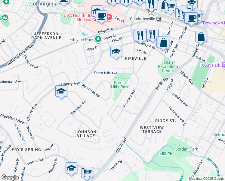 map of restaurants, bars, coffee shops, grocery stores, and more near 1418 Forest Ridge Road in Charlottesville