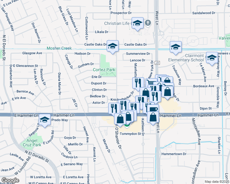 map of restaurants, bars, coffee shops, grocery stores, and more near 842 Clinton Drive in Stockton