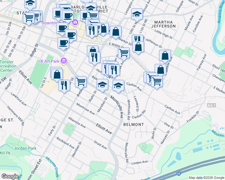 map of restaurants, bars, coffee shops, grocery stores, and more near 900 Belmont Avenue in Charlottesville