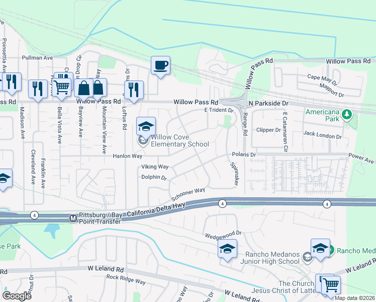map of restaurants, bars, coffee shops, grocery stores, and more near 1715 Hanlon Way in Pittsburg