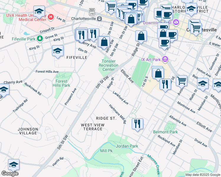 map of restaurants, bars, coffee shops, grocery stores, and more near 721 Ridge Street in Charlottesville