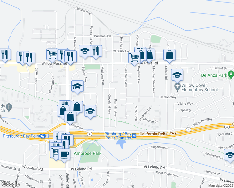 map of restaurants, bars, coffee shops, grocery stores, and more near 215 Franklin Avenue in Bay Point