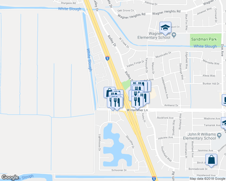 map of restaurants, bars, coffee shops, grocery stores, and more near 8272 Mariners Drive in Stockton