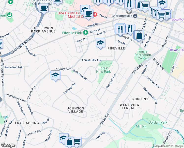 map of restaurants, bars, coffee shops, grocery stores, and more near 114 Olinda Drive in Charlottesville