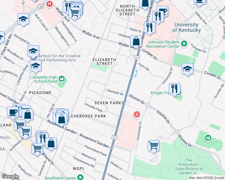 map of restaurants, bars, coffee shops, grocery stores, and more near 115 Dantzler Drive in Lexington