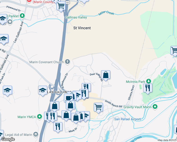 map of restaurants, bars, coffee shops, grocery stores, and more near 737 Deer Valley Rd in San Rafael