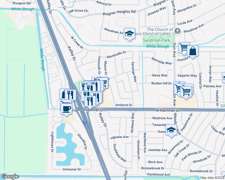map of restaurants, bars, coffee shops, grocery stores, and more near 8110 Montgomery Avenue in Stockton