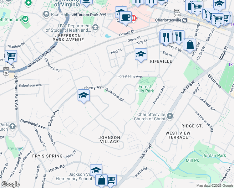 map of restaurants, bars, coffee shops, grocery stores, and more near 617 Rockcreek Road in Charlottesville