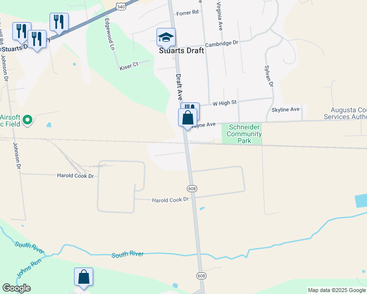 map of restaurants, bars, coffee shops, grocery stores, and more near 305 Draft Avenue in Stuarts Draft