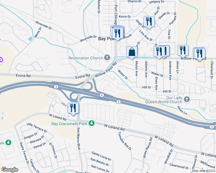map of restaurants, bars, coffee shops, grocery stores, and more near 3777 Willow Pass Road in Bay Point