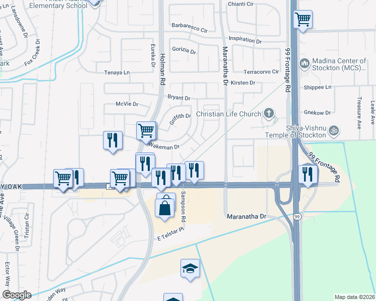 map of restaurants, bars, coffee shops, grocery stores, and more near 8020 Farin Court in Stockton